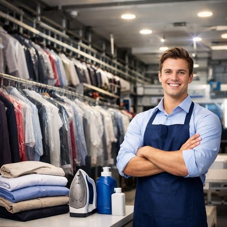 Dry cleaning and laundry professional at work in a modern laundry shop in India
