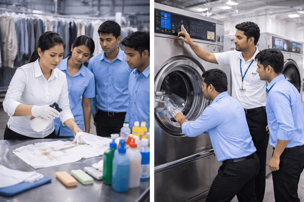 Certified laundry training institute in India providing practical dry cleaning and laundry business training with industrial machines