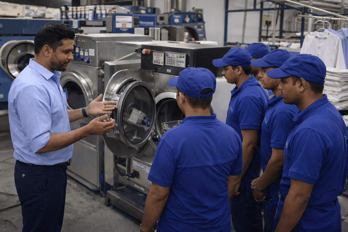 Laundry training session with instructor explaining commercial washing machine to students