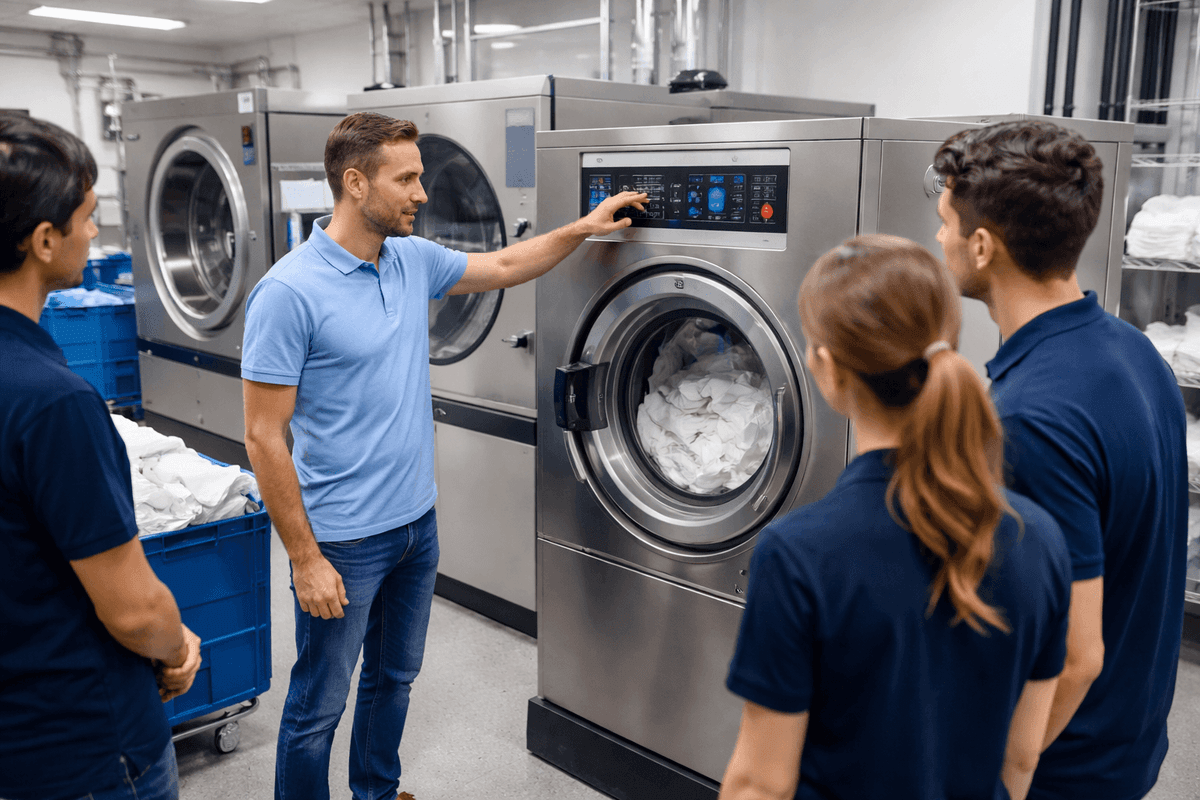 Industrial laundry training with commercial washing machine in India