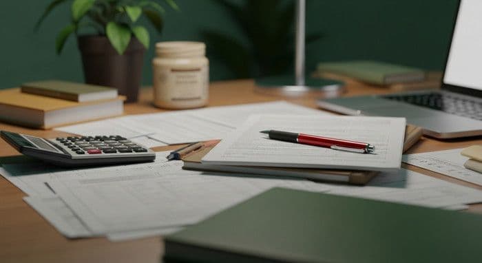 business owner calculating laundry business profit using calculator and laptop